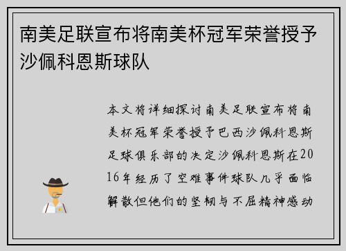 南美足联宣布将南美杯冠军荣誉授予沙佩科恩斯球队